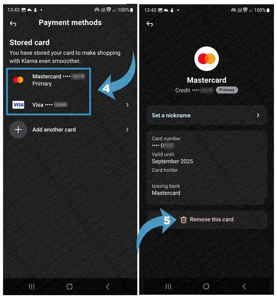 Klarna-Remove saved card