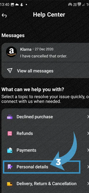 Klarna app Personal details page