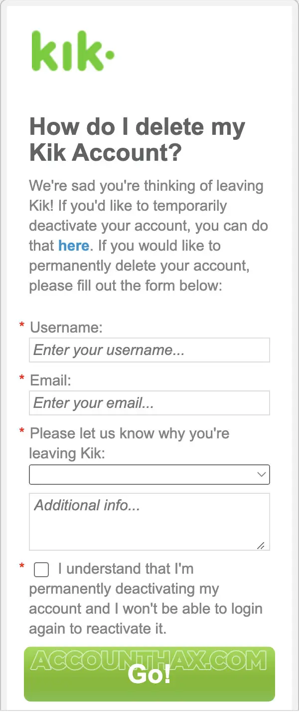 select reason for deleting kik account