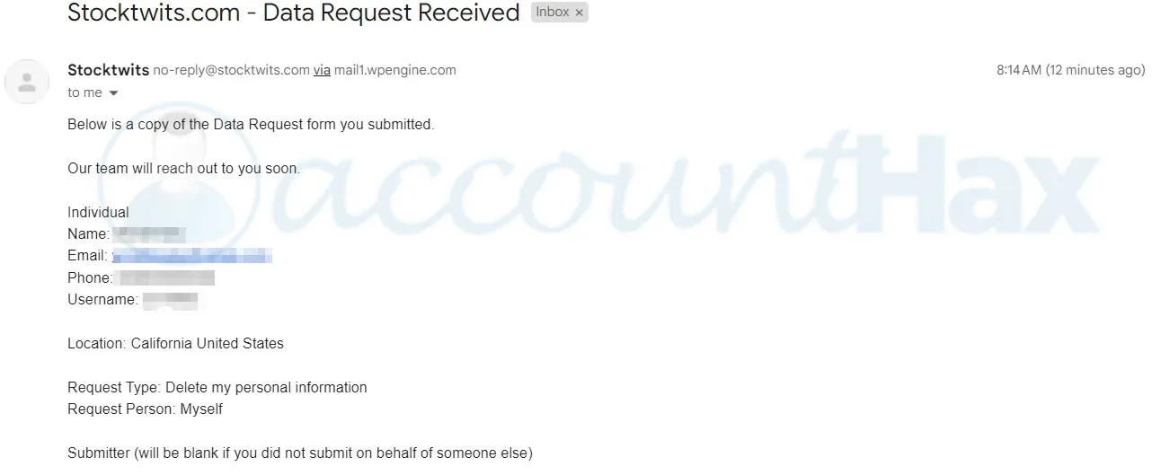 confirmation mail stocktwits account deletion request is submitted