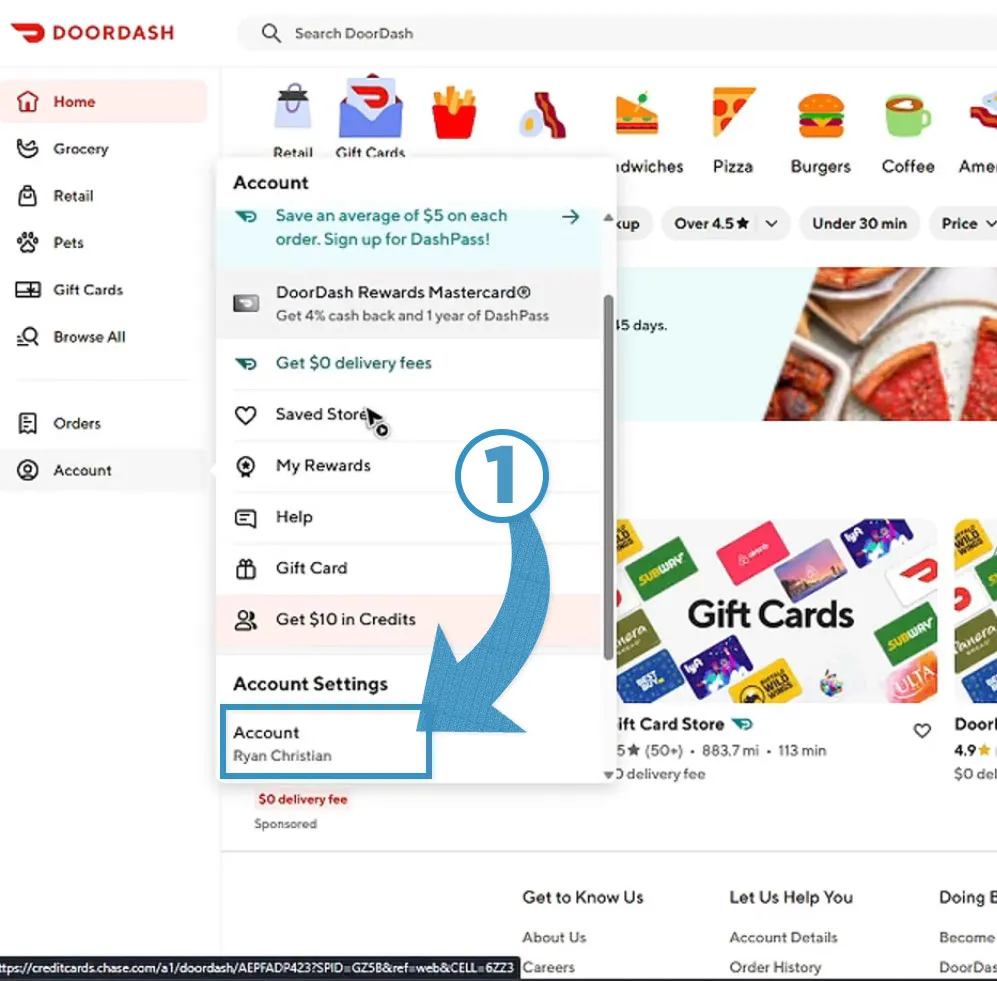 Delete Doordash account using website step 1