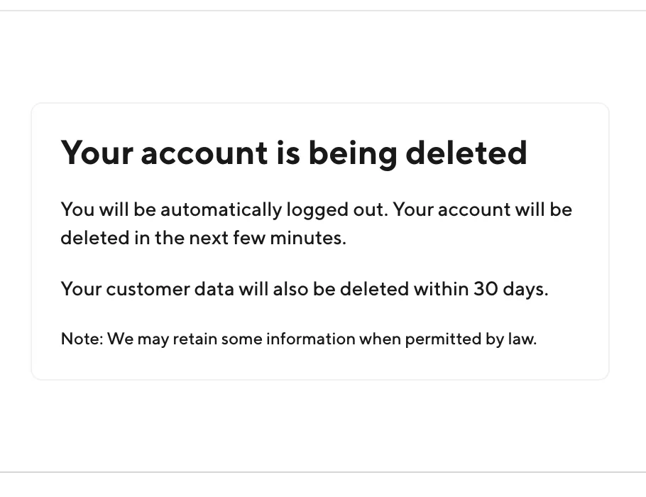Doordash account deletion confirmation message